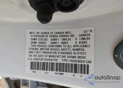 2018 Honda Civic Ex z USA, uszkodzony, nr VIN 2HGFC2F74JH547370